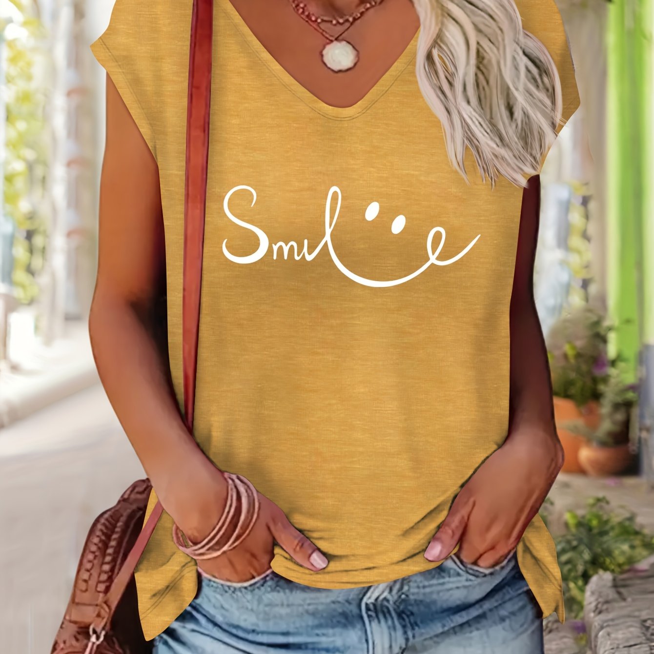 TEMU Print Spring And Summer Women's V-neck Short-sleeved T-shirt