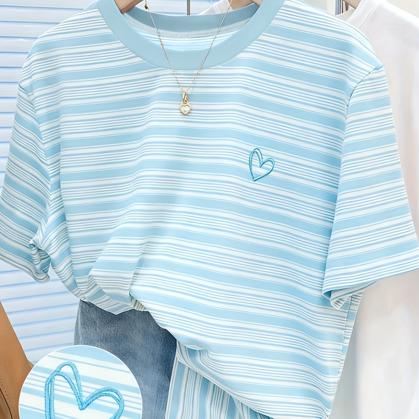 TEMU Women's T-shirt / Heart Pattern Embroidery / Pink / Blue / Black Striped T-shirt / Embroidery Craft / Women's Casual Oversized Round Neck Top /