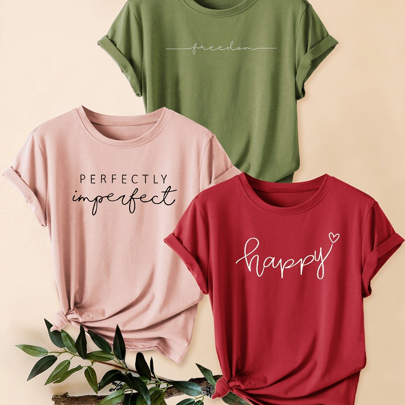 TEMU Set da 3 pezzi, T-shirt a maniche corte con scollo , stile casual atletico da donna, stampa in inglese, stile retr簷