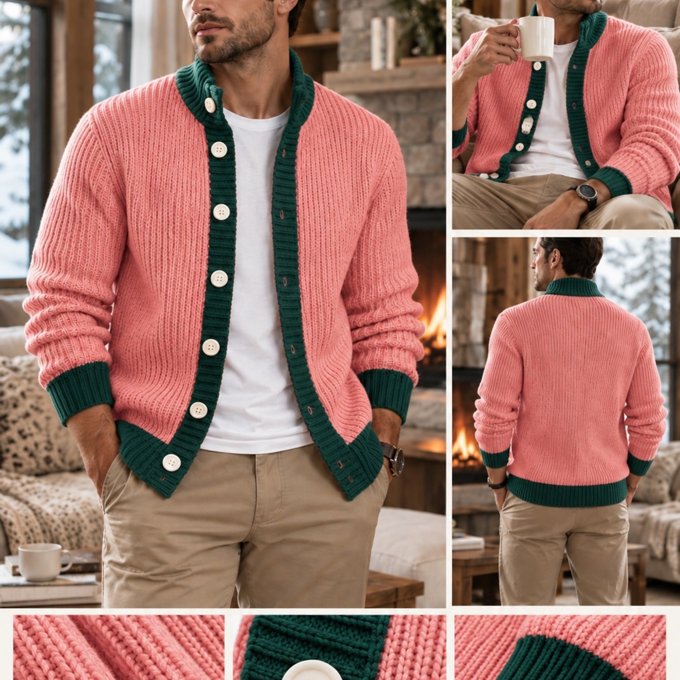 Image of Men's Plus Size Pink And Dark Green Knitted Cardigan, Solid Color With Chunky Knit Texture, Button-front Design, Perfect For In Autumn And Winter