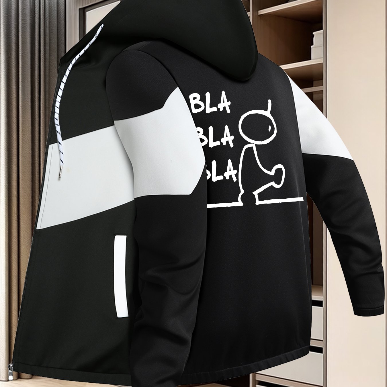 TEMU Men's Trendy Spring/autumn Hooded Jacket, Bla Print, Business Casual Hooded Jacket, Versatile Top Outerwear, Multicolor Jacket Hoodie