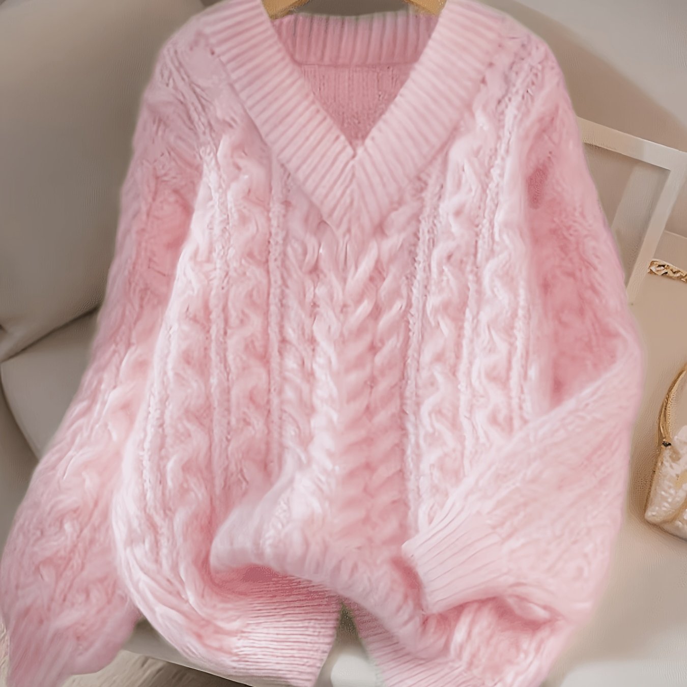 TEMU New Women's Lazy Style V-neck Chunky Cable Pullover Sweater