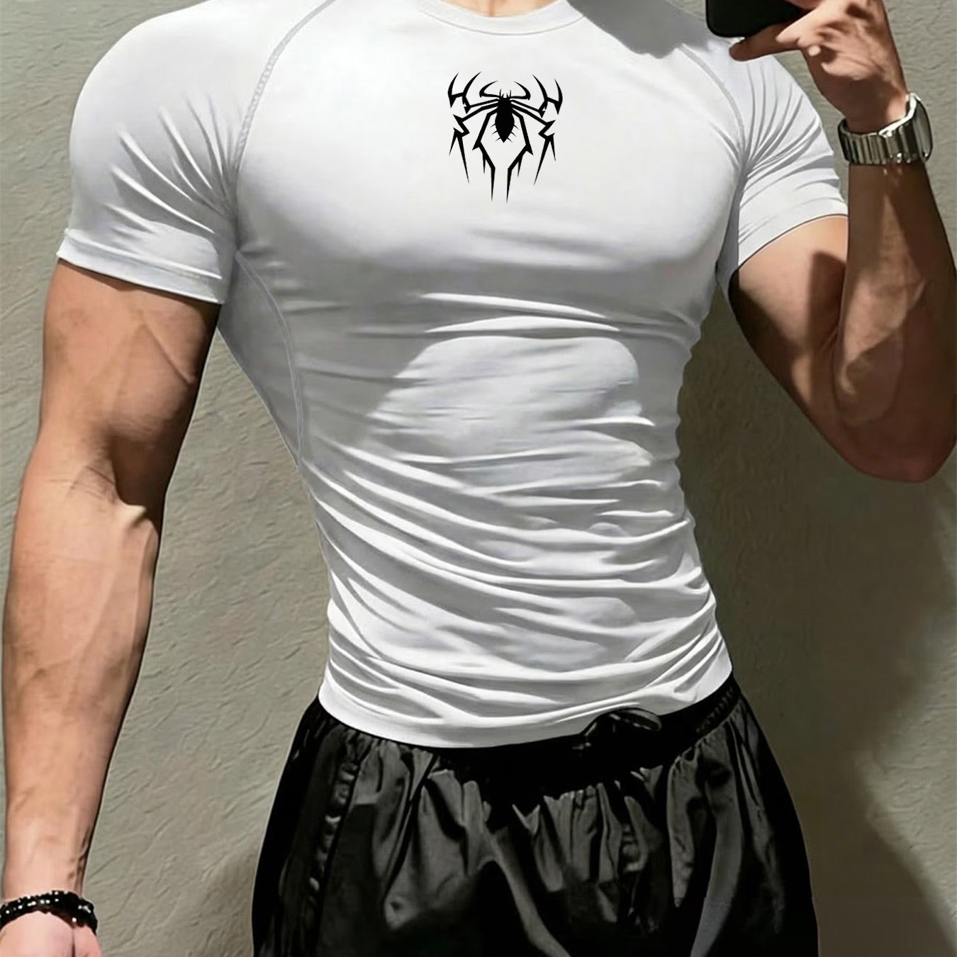 TEMU Gothic Style Print Men's Quick-dry Compression T-shirt Breathable Slim Fit Fitness Athletic Top Suitable For Running Gym Hiking Cycling Outdoor