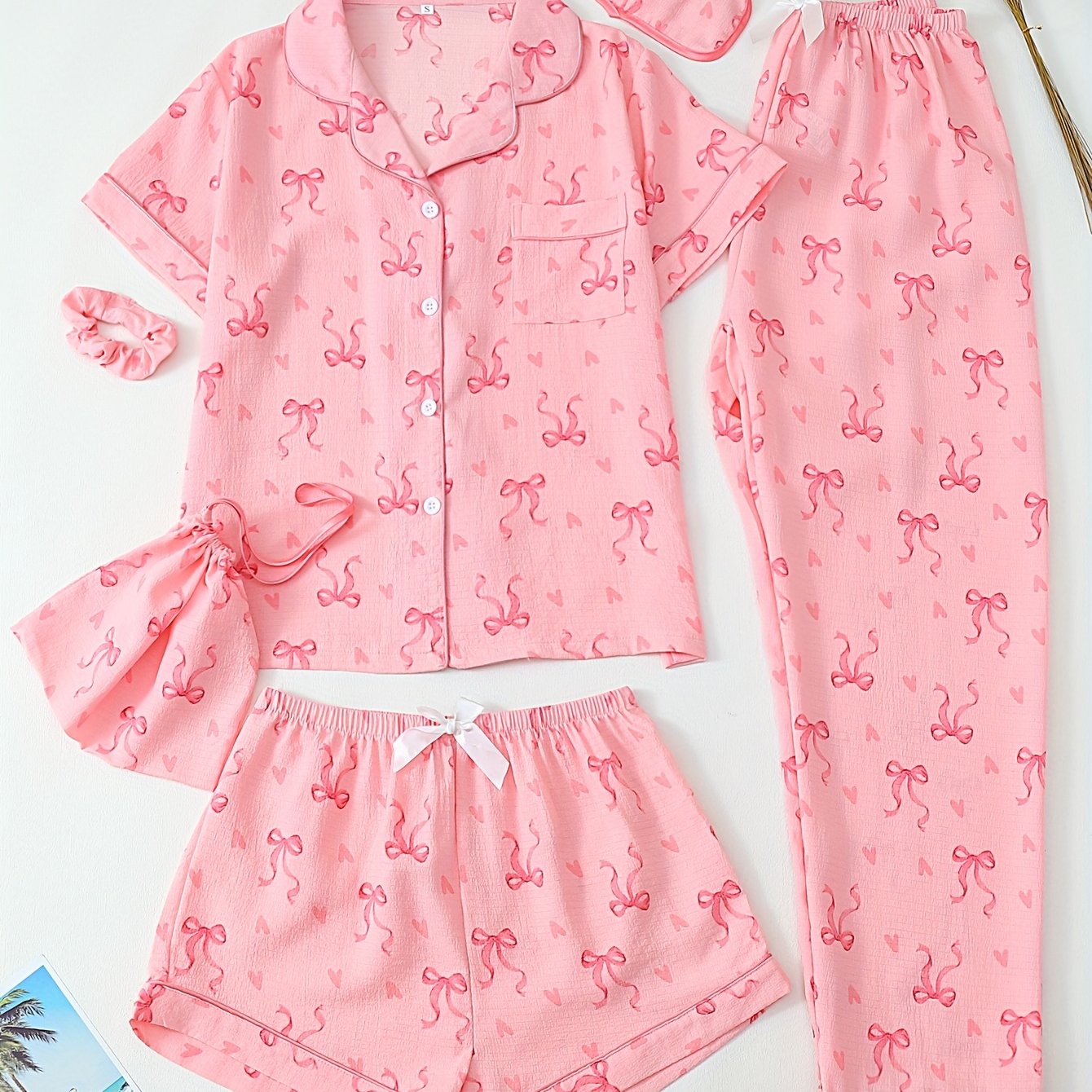 Image of Bow Love Print Teen Short Sleeve Long Pants Pajama 6pcs Set, For Teenager, For Teenager