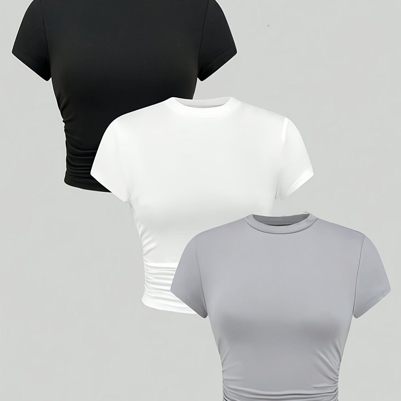 Image of Girls' 3pcs Round Neck Single Tee With Side Wrinkle Control, Short Sleeve, Fashionable And Versatile For Little Girls