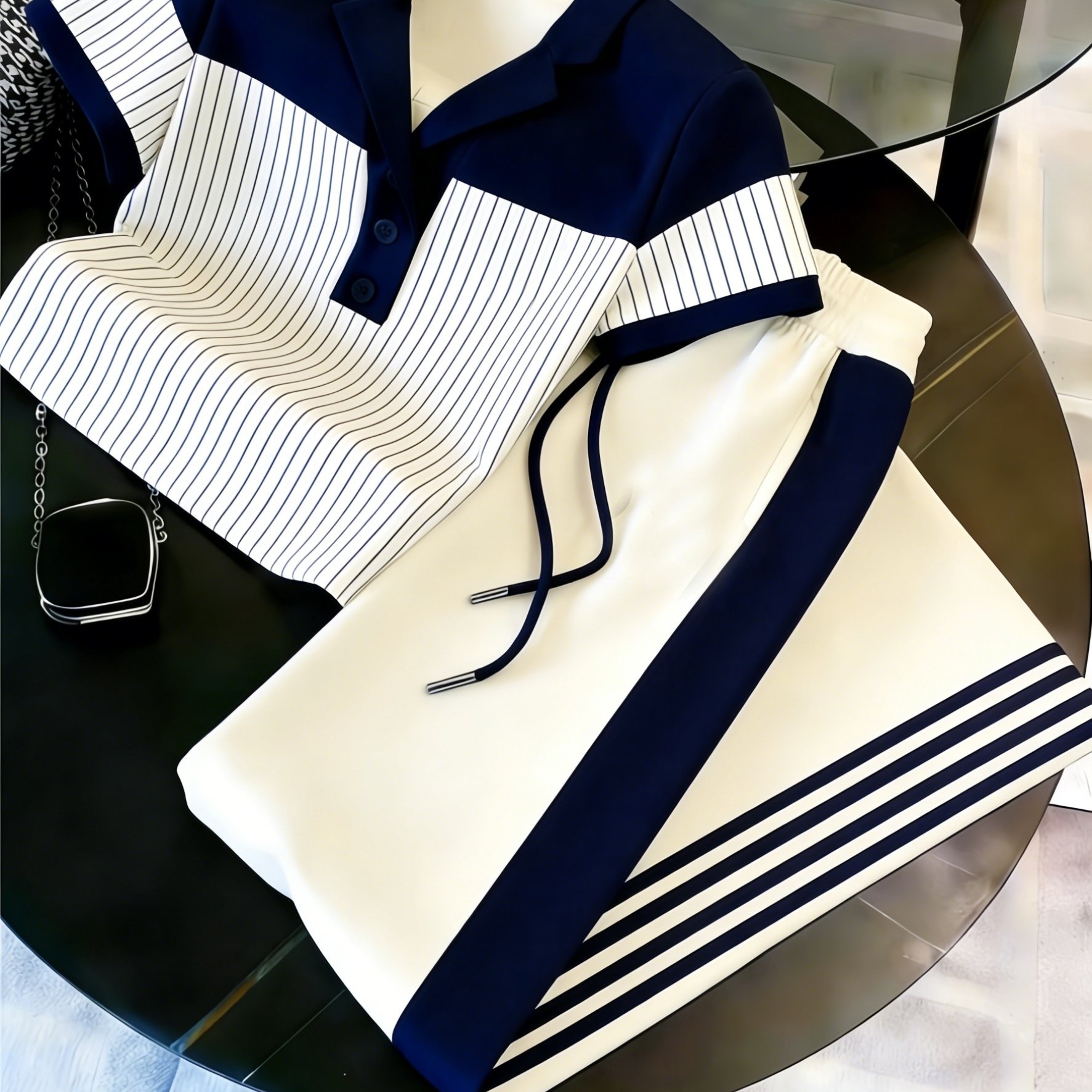 Image of Teenager Teenagernavy And White Striped Sports Suit, Featuring A Short-sleeved Collared Shirt And Side-stripe Long Pants, Suitable For Everyday Casual Wear, Perfect For Outdoor, For Teenager