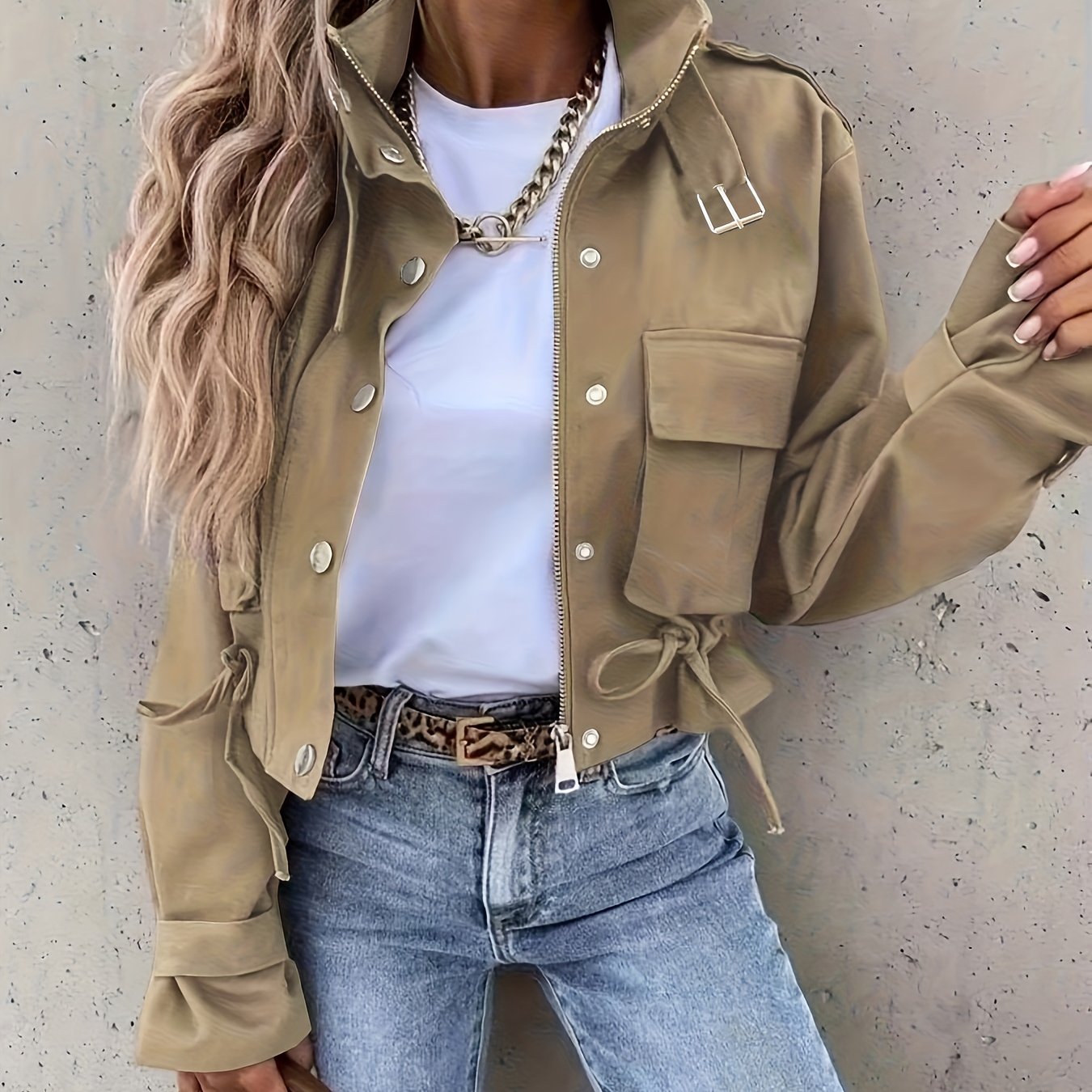 TEMU Women's Casual Zip-up Jacket, Trendy Lapel Button Long Sleeve Pocket Biker Coat, Spring/autumn Design With Drawstring Collar Top