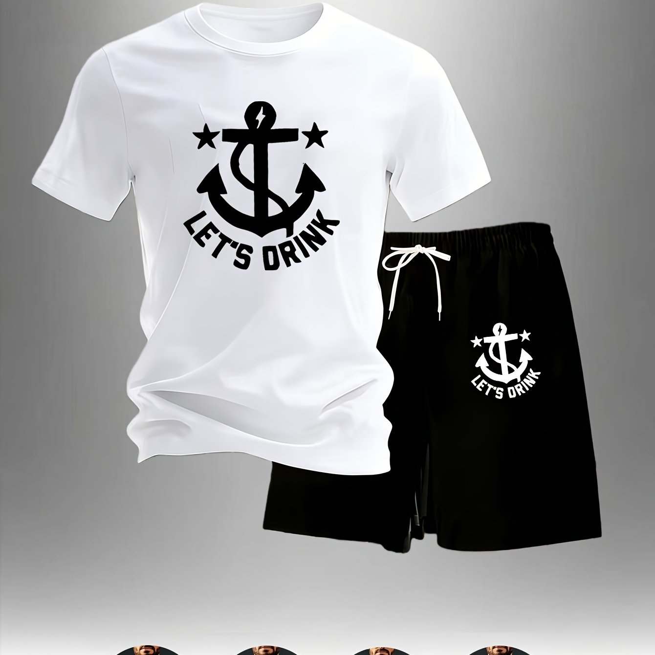 TEMU Anchor ' Drink' Fun Printed Casual Suit, Short-sleeved T-shirt   Sports Shorts 2pcs Set, Skin-friendly, Breathable And Not Sweaty, Full Of