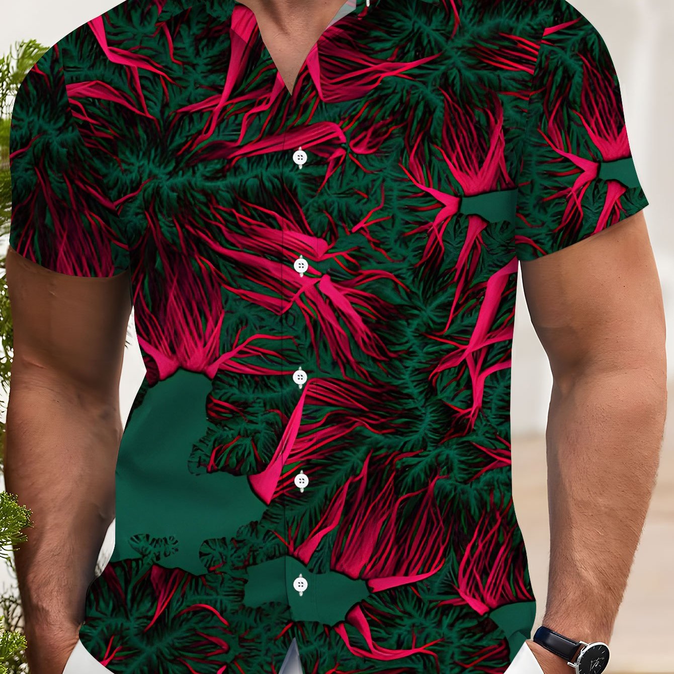 TEMU Casual Short Sleeve Shirt Men' Shirt Red Green Plant Pattern Versatile Summer Men's Short Sleeve Graffiti Fashion Loose Casual Short Sleeve