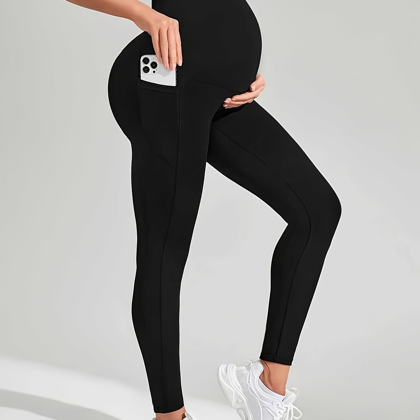 TEMU Maternity Pants With Side Pockets, Comfortable High-waist Maternity Leggings With Three-dimensional Support And Stretch