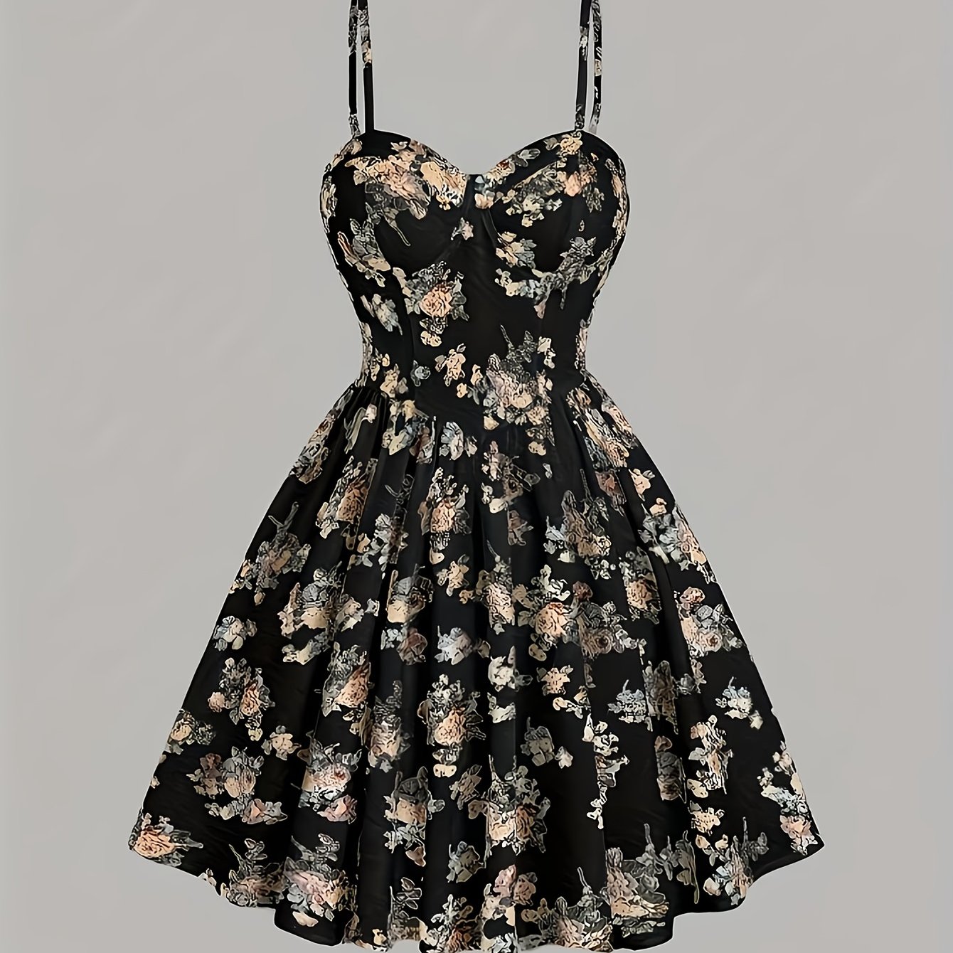 TEMU Summer Vintage Floral Print Waist-cinching Cami Dress Mini Short Women's Clothing