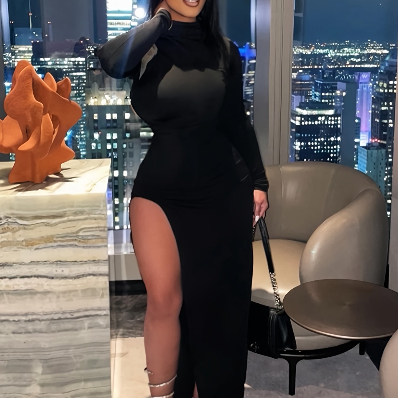 black extreme thigh split panelled plunge bodycon dress asymmetrical cut long sleeve Trends Vintage Judith March One Color:As Photo(Dark Green) this dress reflects light