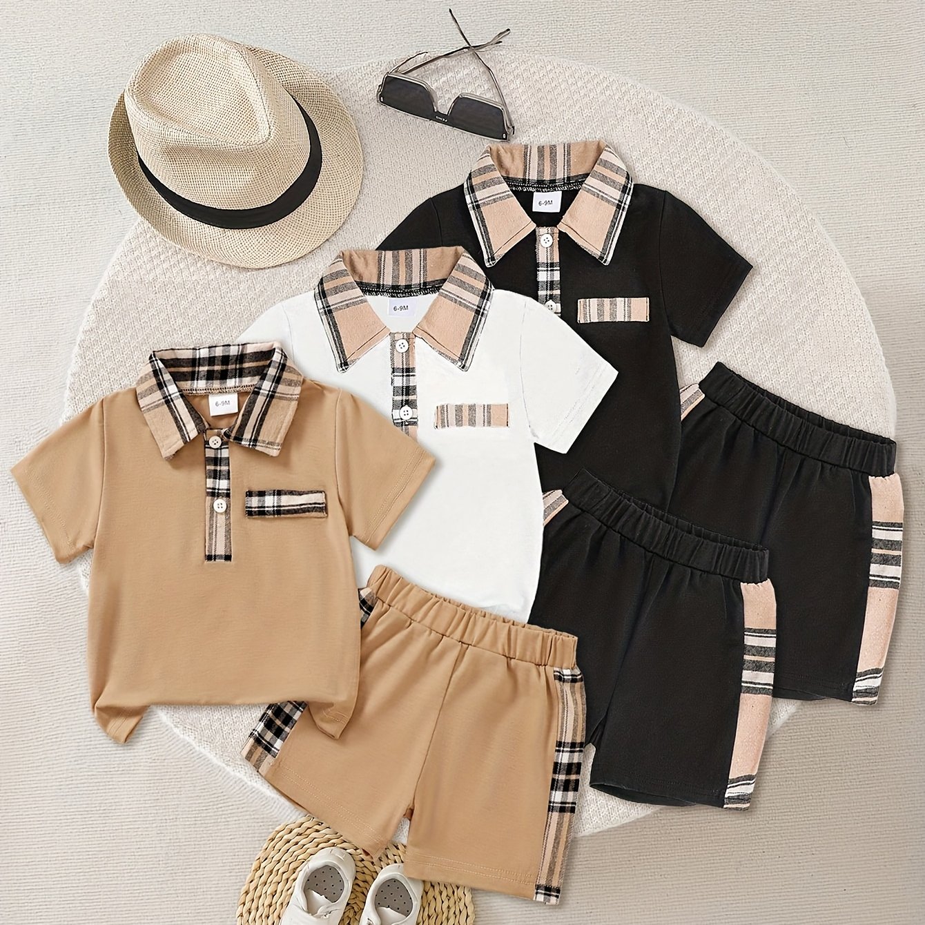 Image of 6pcs Set Of Cute Boy Shirt Collar Open T-shirt And Elastic Waist Casual Shorts, Spring Summer, For Outdoor
