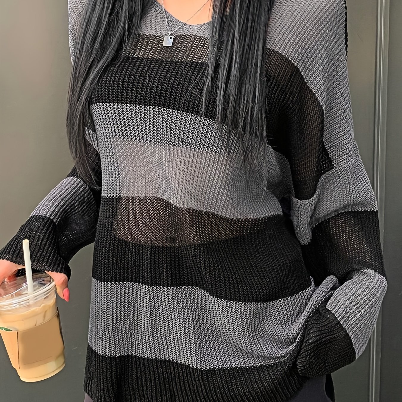 Image of Casual Spring, Summer, And Autumn Women's Pullover, Thin, Medium Length, Striped Shoulder Long Sleeved Fleece Sweater, Loose Fitting Soft And Comfortable Vacation Outdoor Women's Top