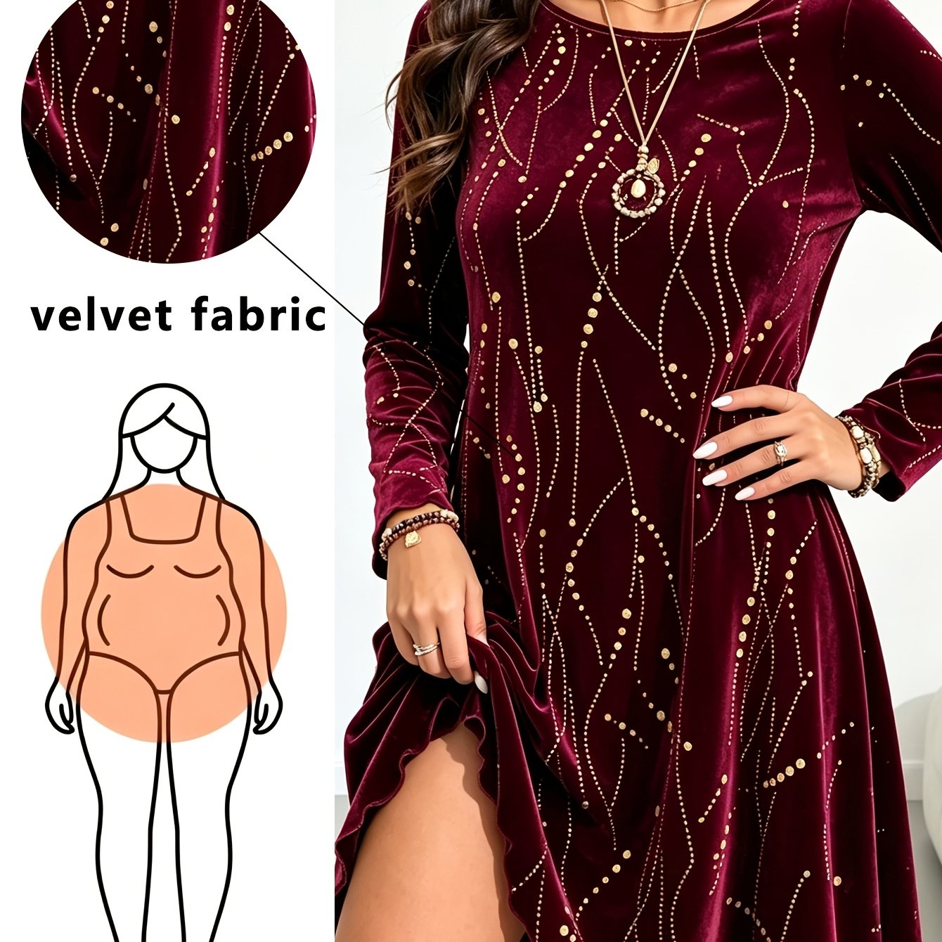 Plus Size, Plus Size Women's Autumn/winter Warm Elegant Round Neck Velvet Print Long Sleeve Irregular Hem Casual Dress