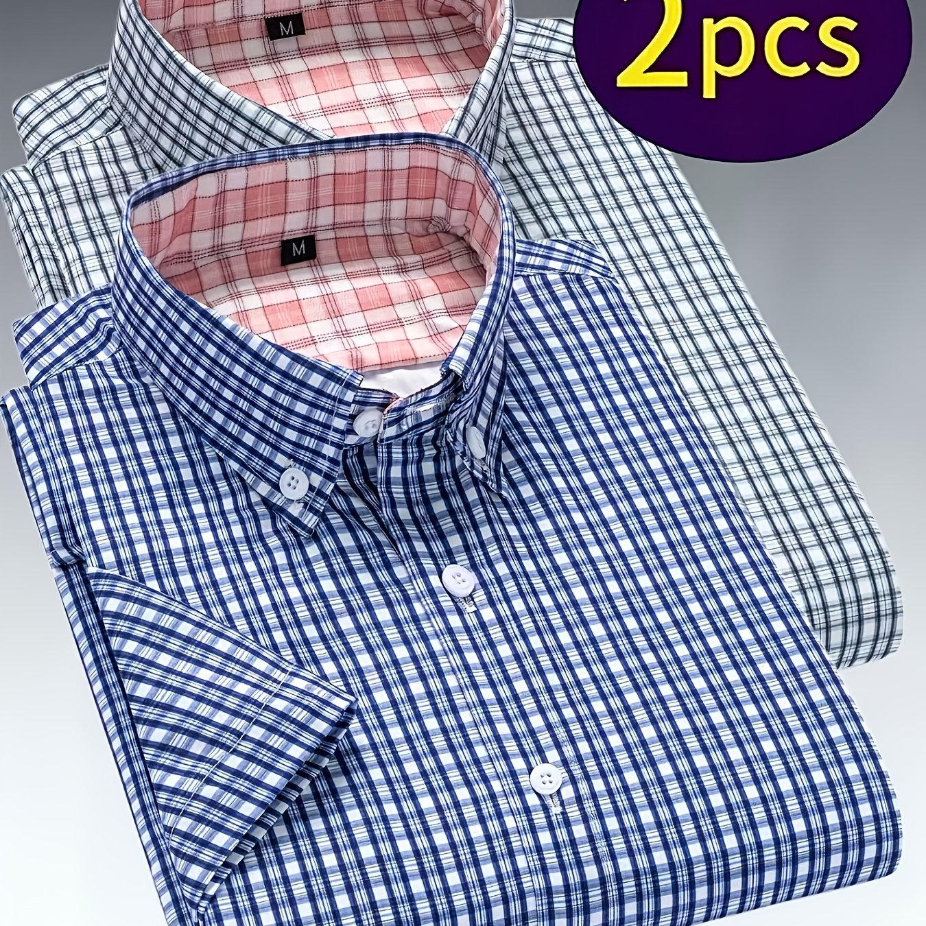 TEMU 2pcs Pc Men's Elegant Short-sleeve Plaid Shirts - Collar Button-front Suitable For Casual & -casual Wear, Lightweight Button- Shirts For Office,