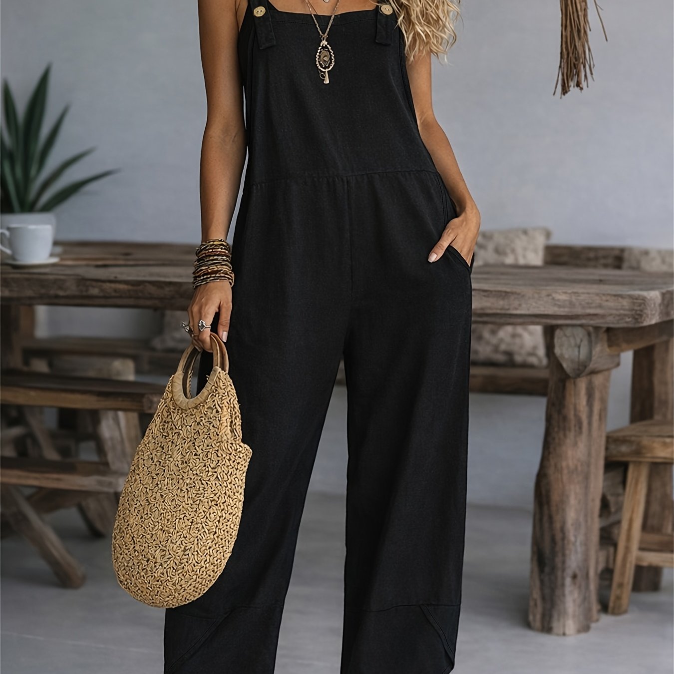TEMU Damen Latzhose in uni, lässiger Mode-Stil, locker geschnitten mit weitem Bein