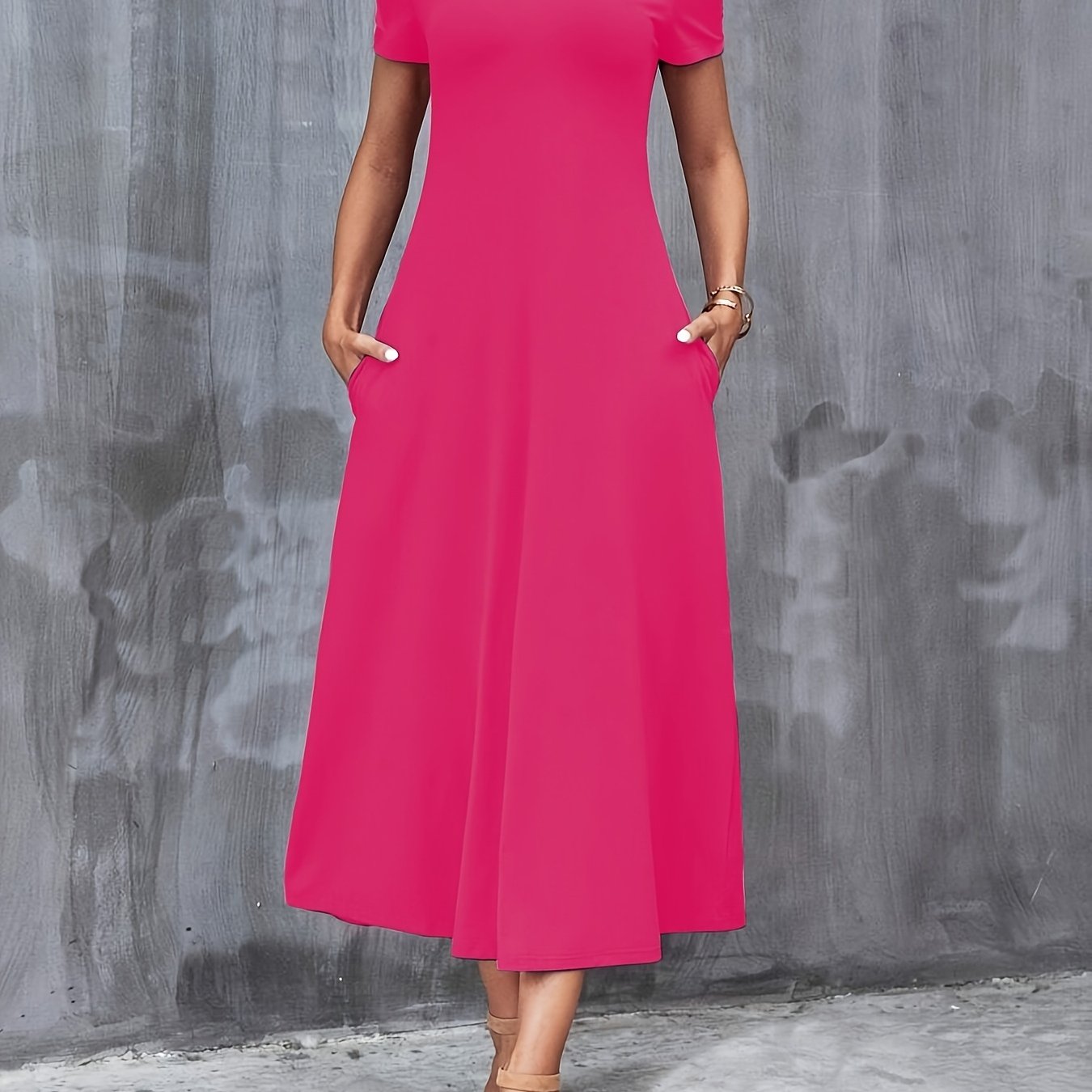 TEMU Women's Casual V-neck Short Sleeve A-line Dress With Pockets - Solid Color, Medium Stretch, Machine Washable, Versatile Wear For Everyday &