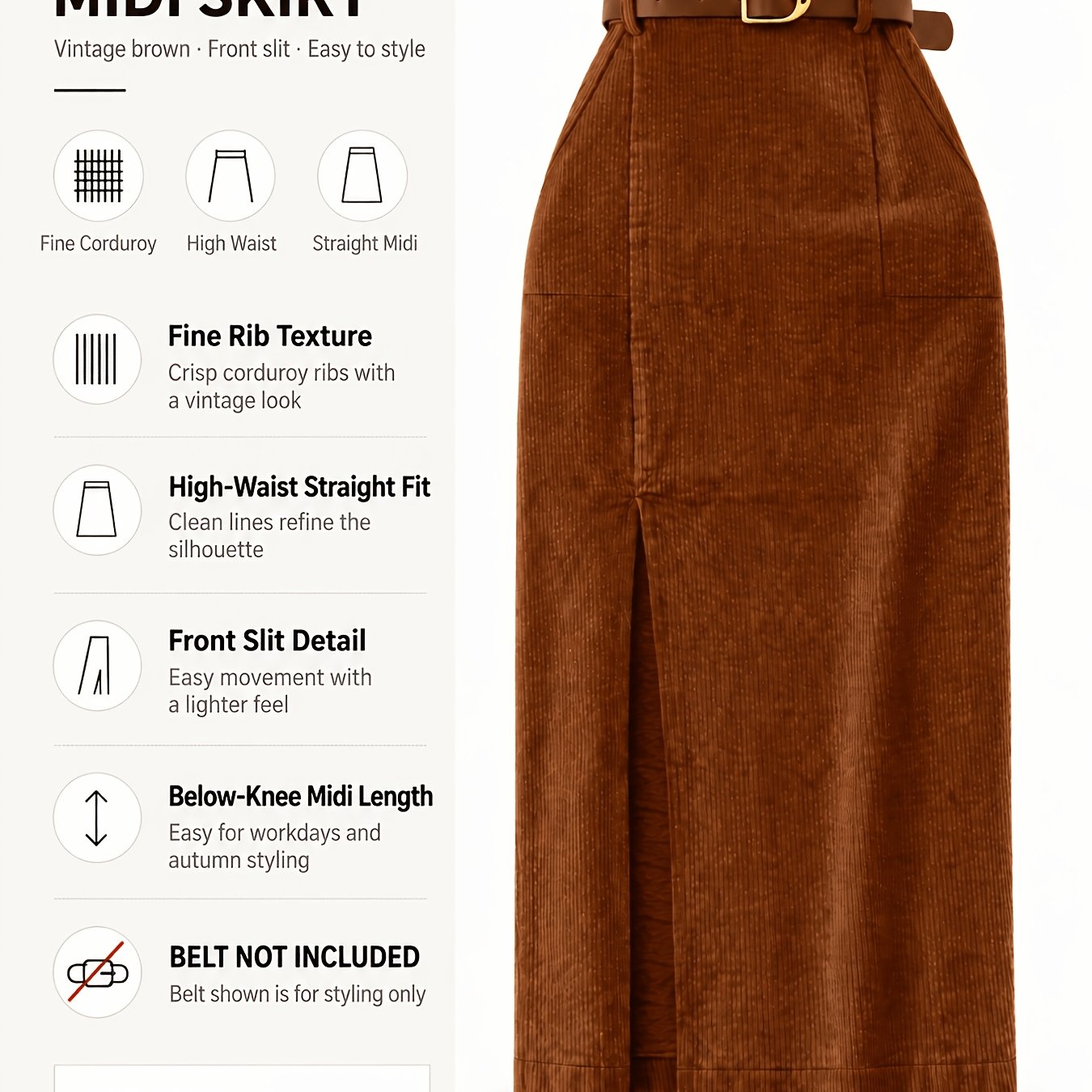 TEMU Women's Brown Corduroy Midi Skirt, High-waist Pencil Skirt With Front Slit, Slim Fit Straight Cut For Work, Commuting, Casual, Office,