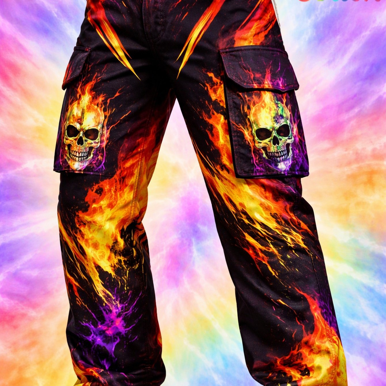 Image of 2026 Men's 100% Cargo Pants (belt Not Included) Casual And Versatile Trousers Suitable For Work And Leisure, Skull And Flame Pattern With Practical Pockets, Stylish Street Style