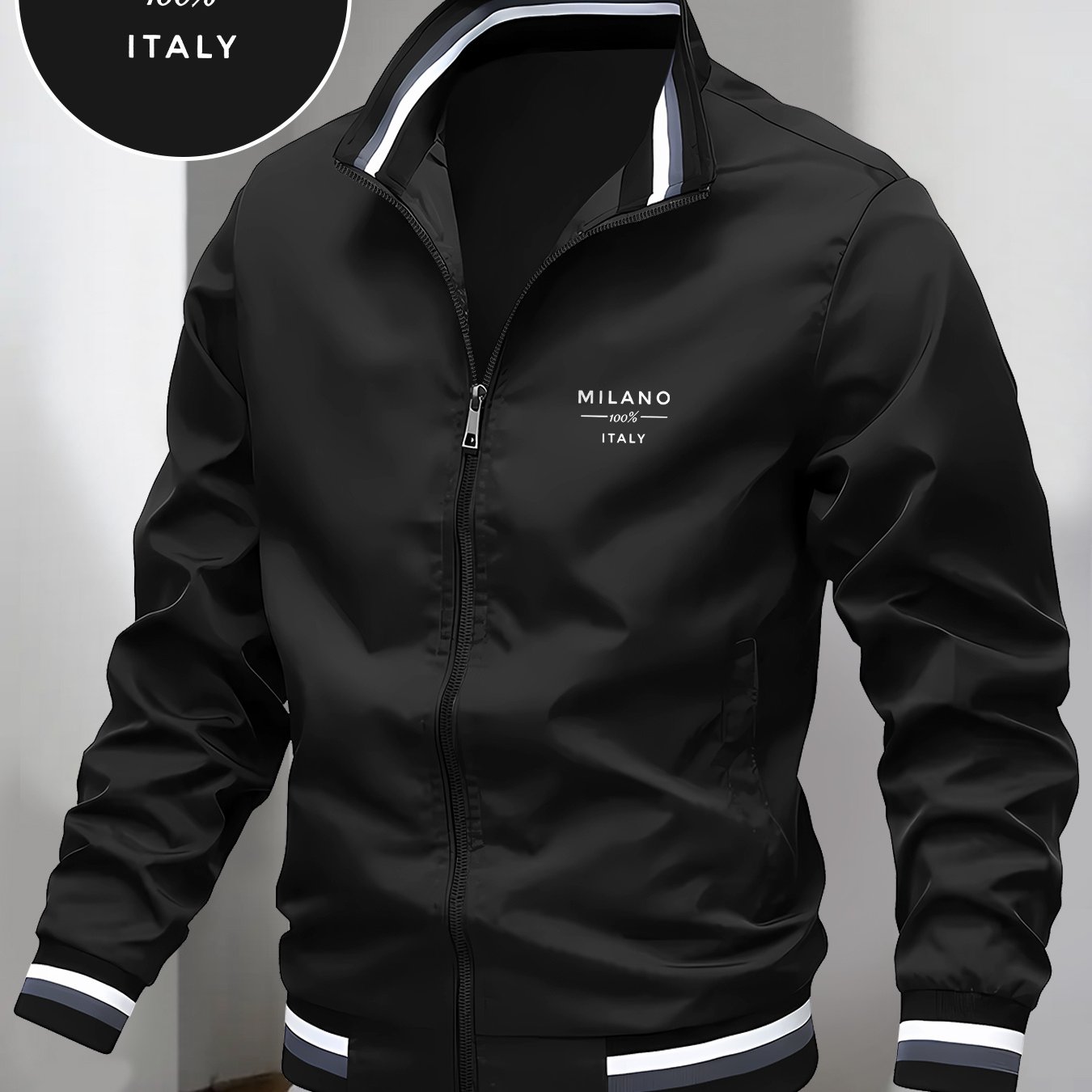 TEMU Logo Print, Men's Lightweight Collar Casual Jacket, Comfortable Fabric With Zipper , Regular Fit, Versatile Spring/autumn Outerwear Jacket