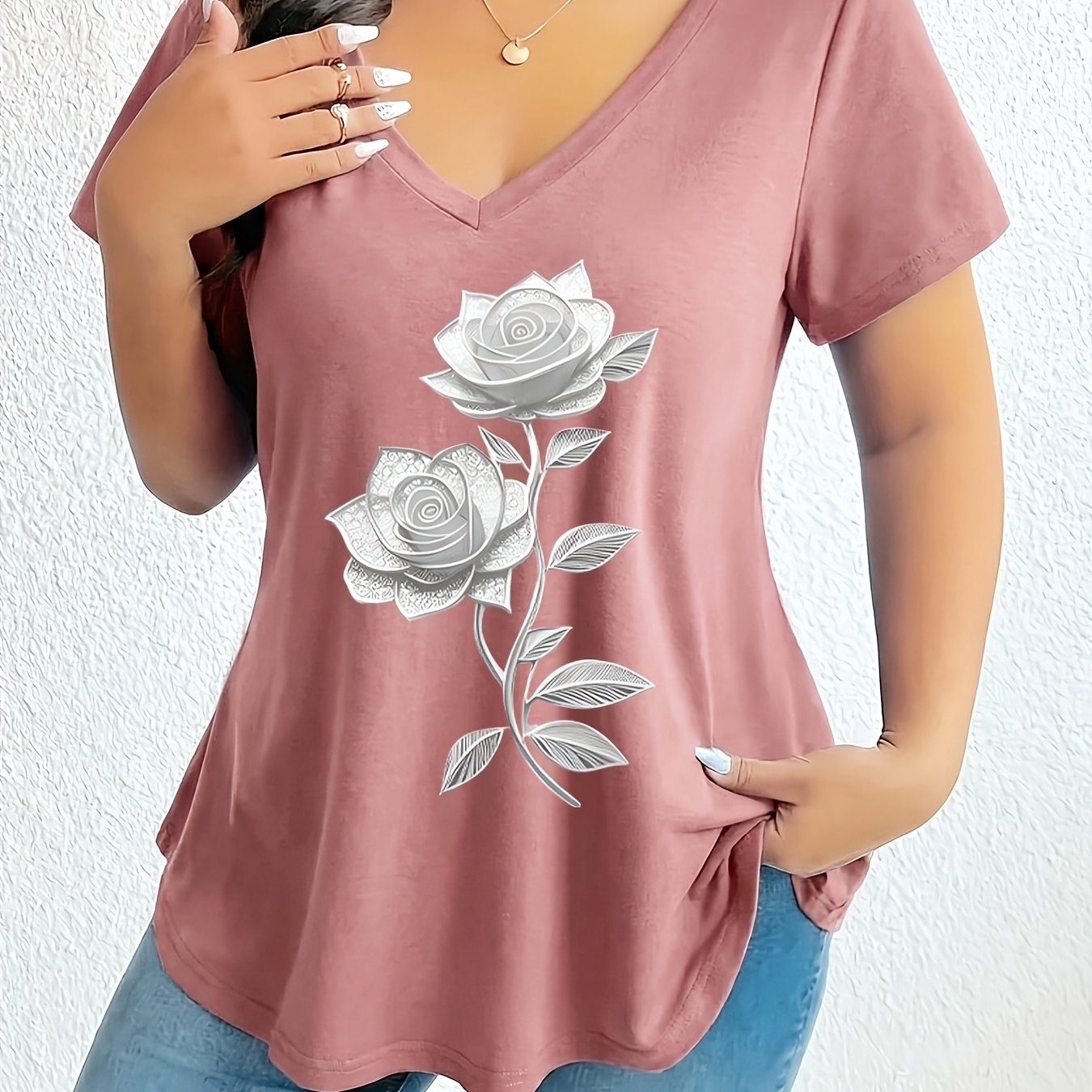 TEMU Plus Size, New Plus Size Printed Short Sleeve T-shirt Women's Casual V-neck Loose Comfortable Versatile Top