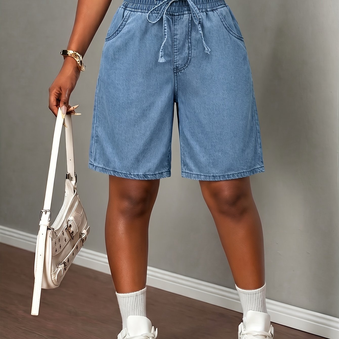 TEMU Women's Denim-like Shorts, Breathable Comfortable Non-stretch Fabric With Elastic Waistband And Drawstring, Casual Versatile For Vacation And