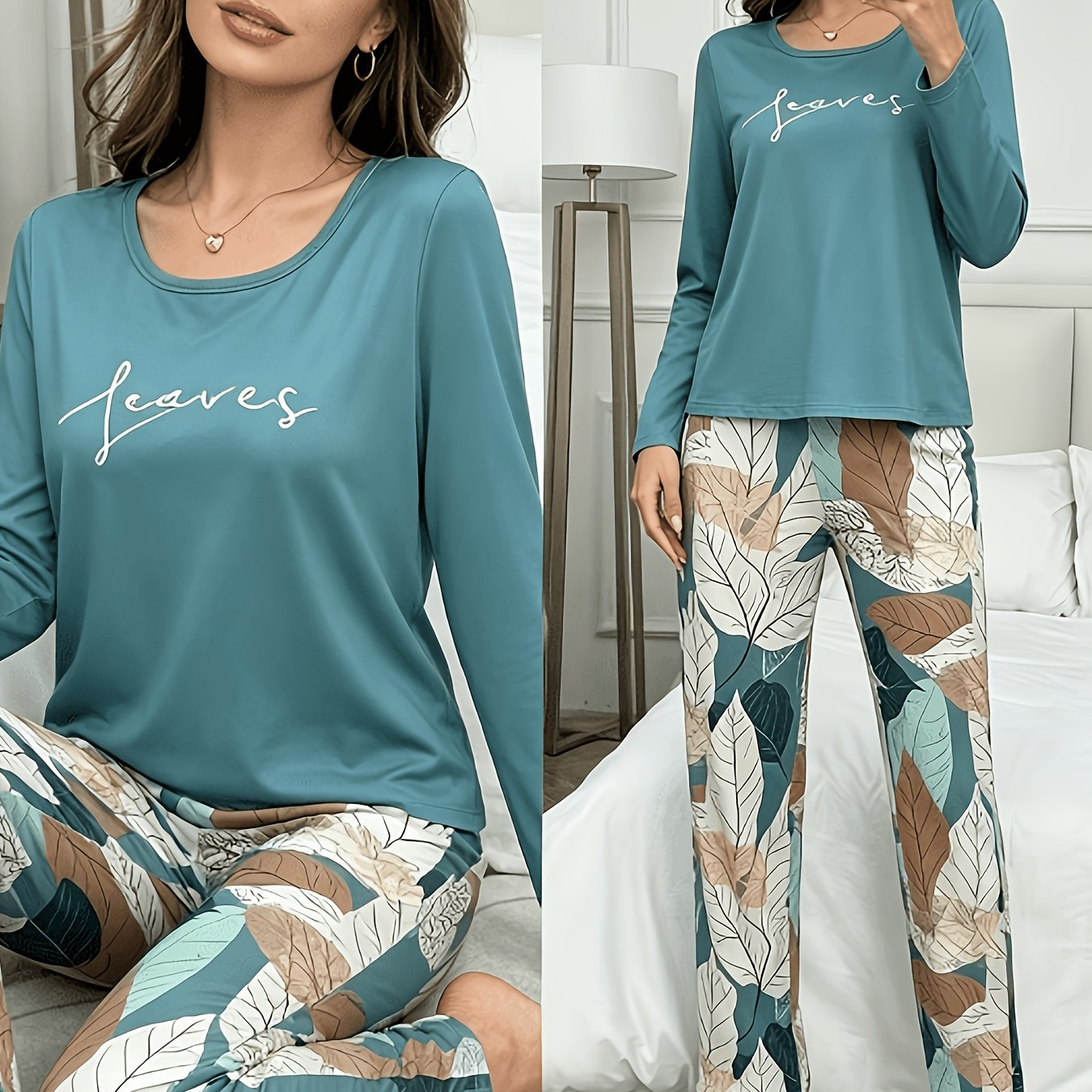 E-shop Herbst- und Winter-Damen Casual Vielseitiges Elegantes Letter Print Rundhals Langarm Top und Hose Blumenmuster Pyjama Set