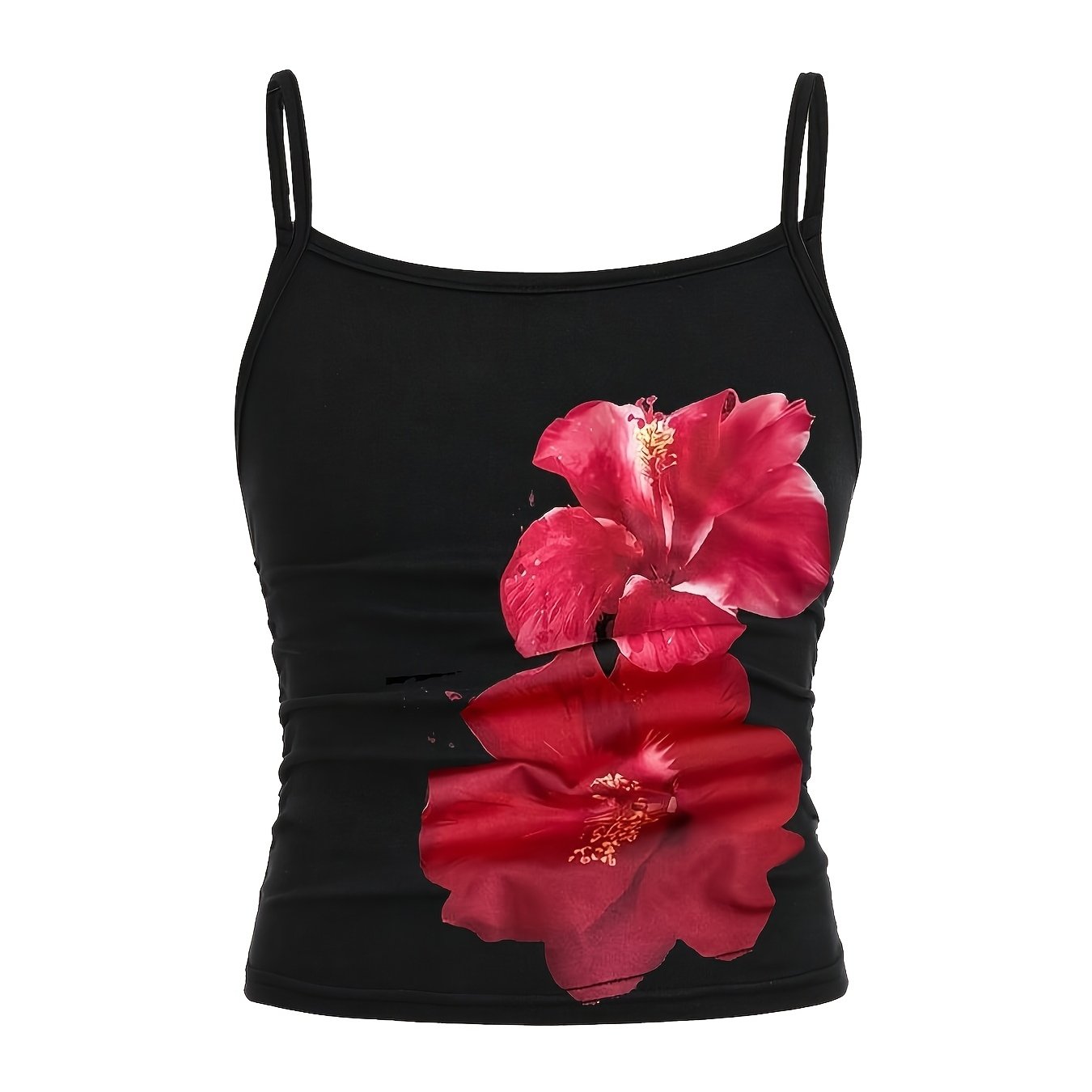 Image of ' Casual And Fashionable Black Floral Print Camisole, Floral T-shirt, Waist-cinching And Summer Style ' Shoulder Strap Top