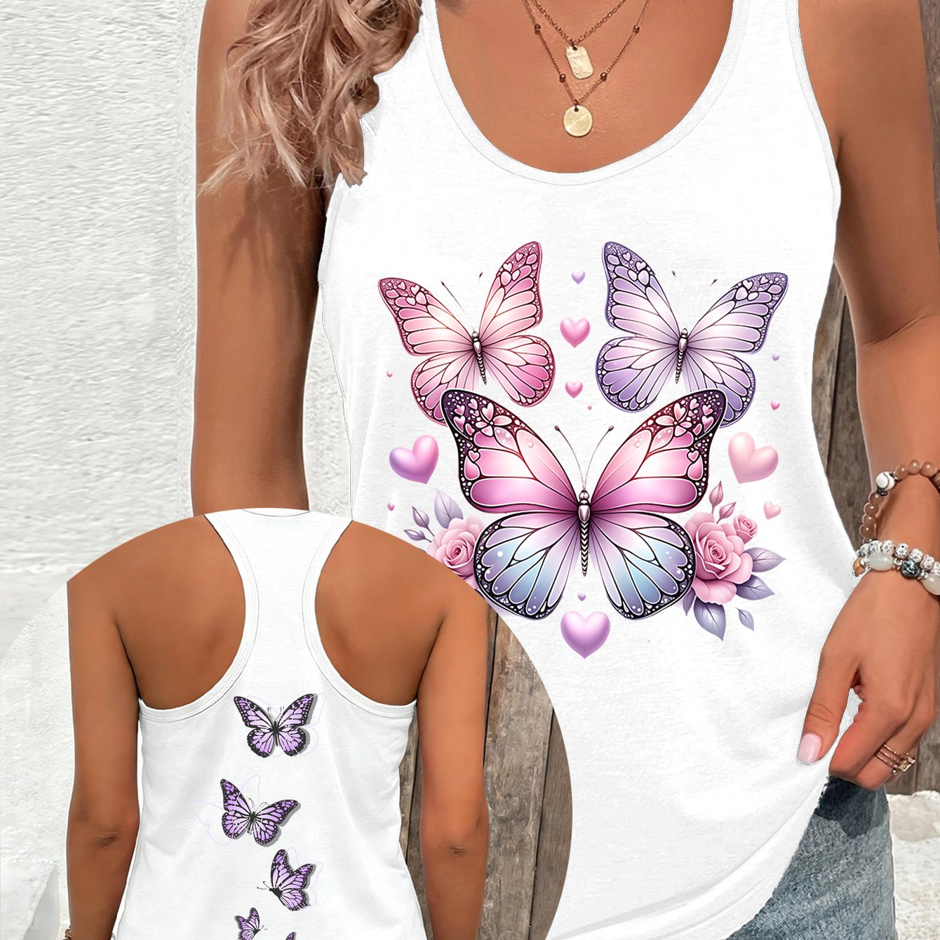 TEMU Women's Sleeveless Casual Tank Top With Pink Purple Gradient Heart, & Rose Illustration, Dancing Print On Back, Spring Summer Ladies Vest