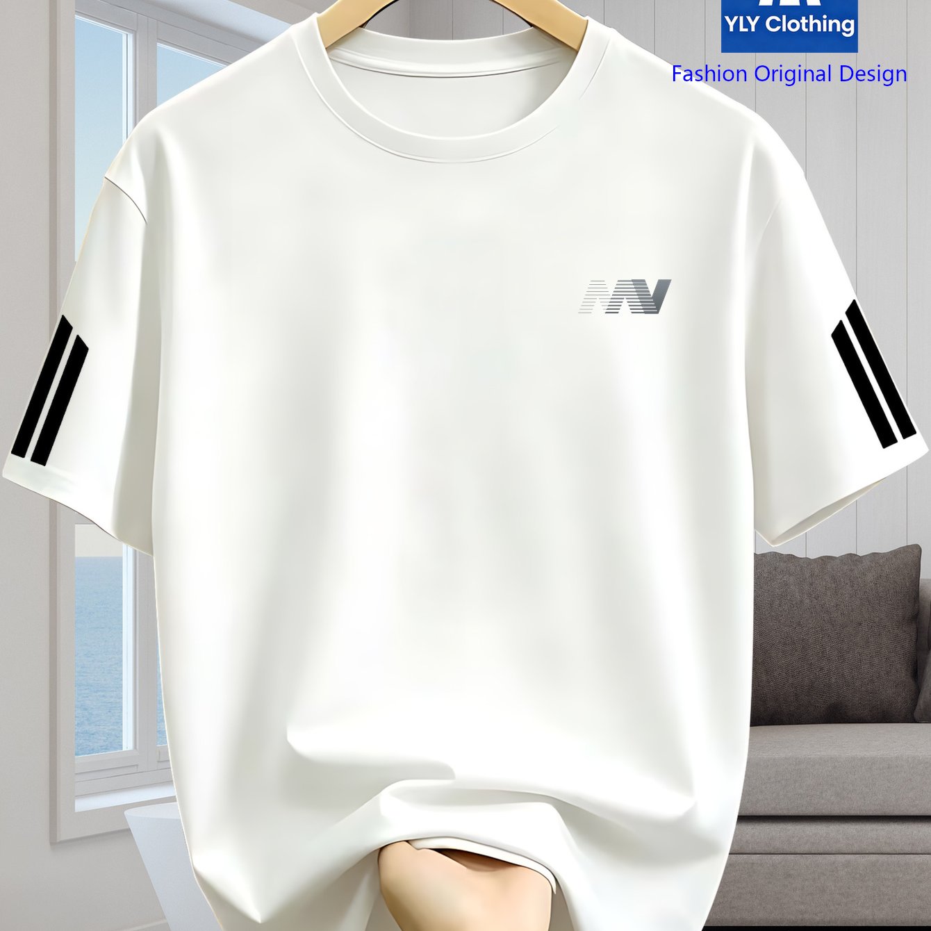 TEMU 2026 Latest Casual T-shirt For Men, Simple And Stylish Short-sleeved Top With Geometric Lines On The Front And Double Stripe Decoration On The