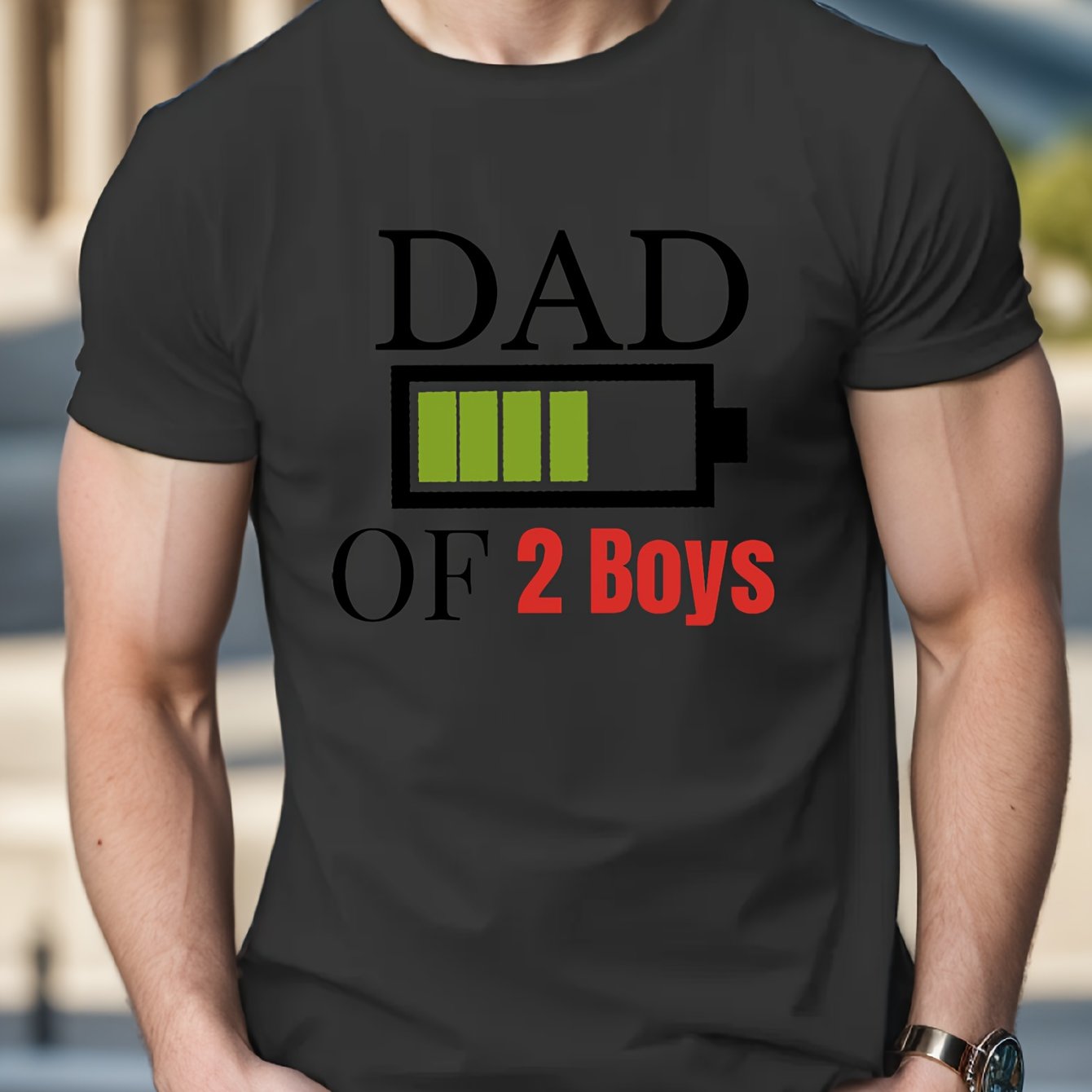 TEMU Dad Of 2 Boys" Men's Casual Short Sleeve T-shirt - Breathable Polyester, Geometric Print, Round Neck - Perfect For Summer