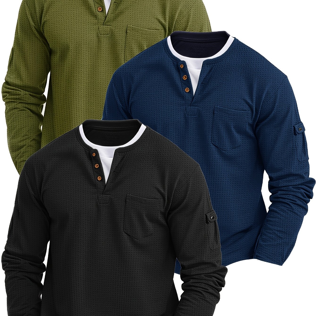 TEMU 3pcs Men's Spring/autumn New Style Henry Neck 2-in-1 Look Waffle Knit Fabric Top, Versatile Streetwear Fashion For Daily Commuting, Sports, And