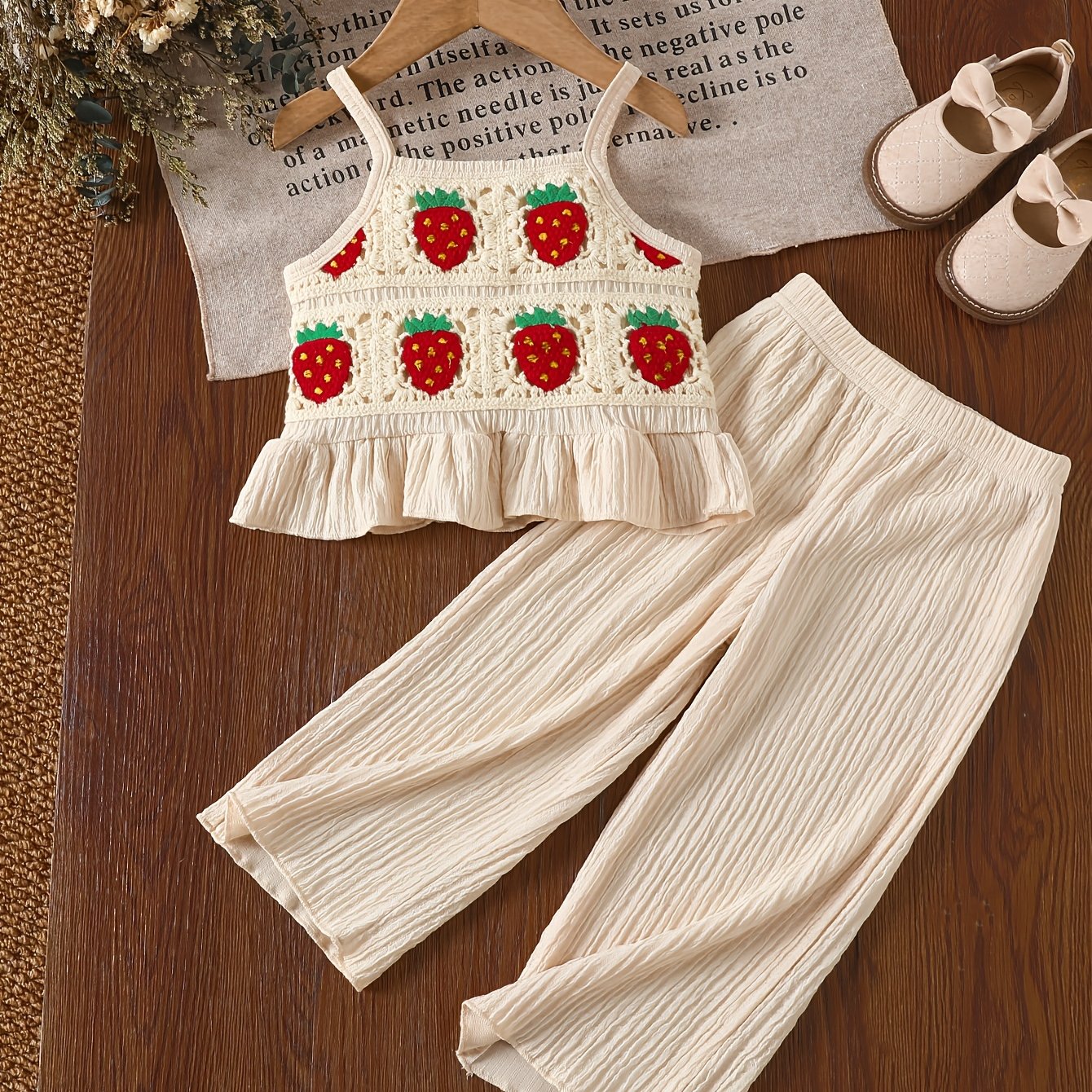 Image of Baby Girls' Casual Vacation Outfit, 3d Strawberry Crochet Lace Trimmed Vest And Elastic Waist Textured Wide-leg Pants Set, Summer , For Outdoor