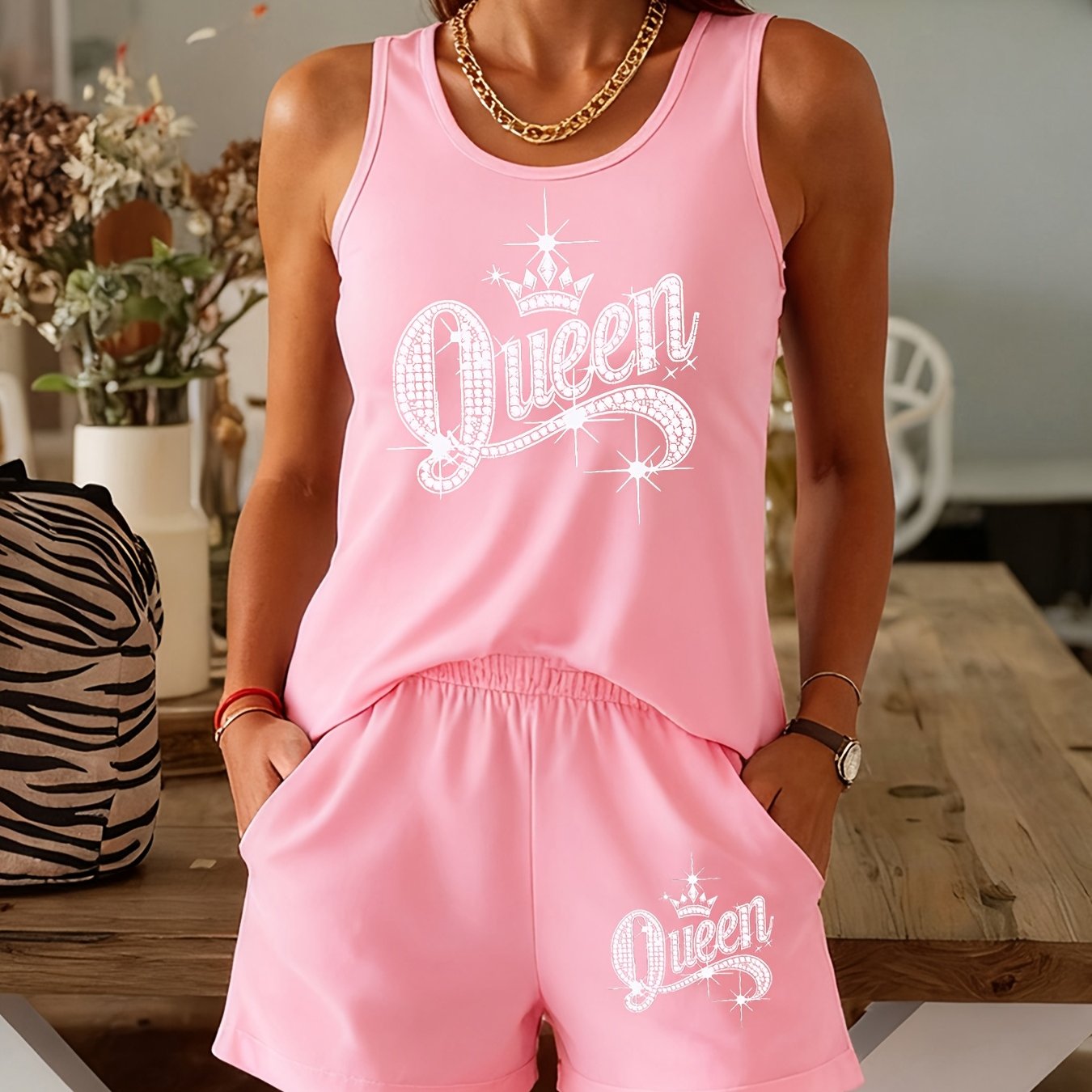 TEMU Ensemble 2 pièces Gilet Reine Strass, Short Manches, Style Reine d'Été Décontracté , Vêtements de Mode Confortables pour Femmes - et Respirant,