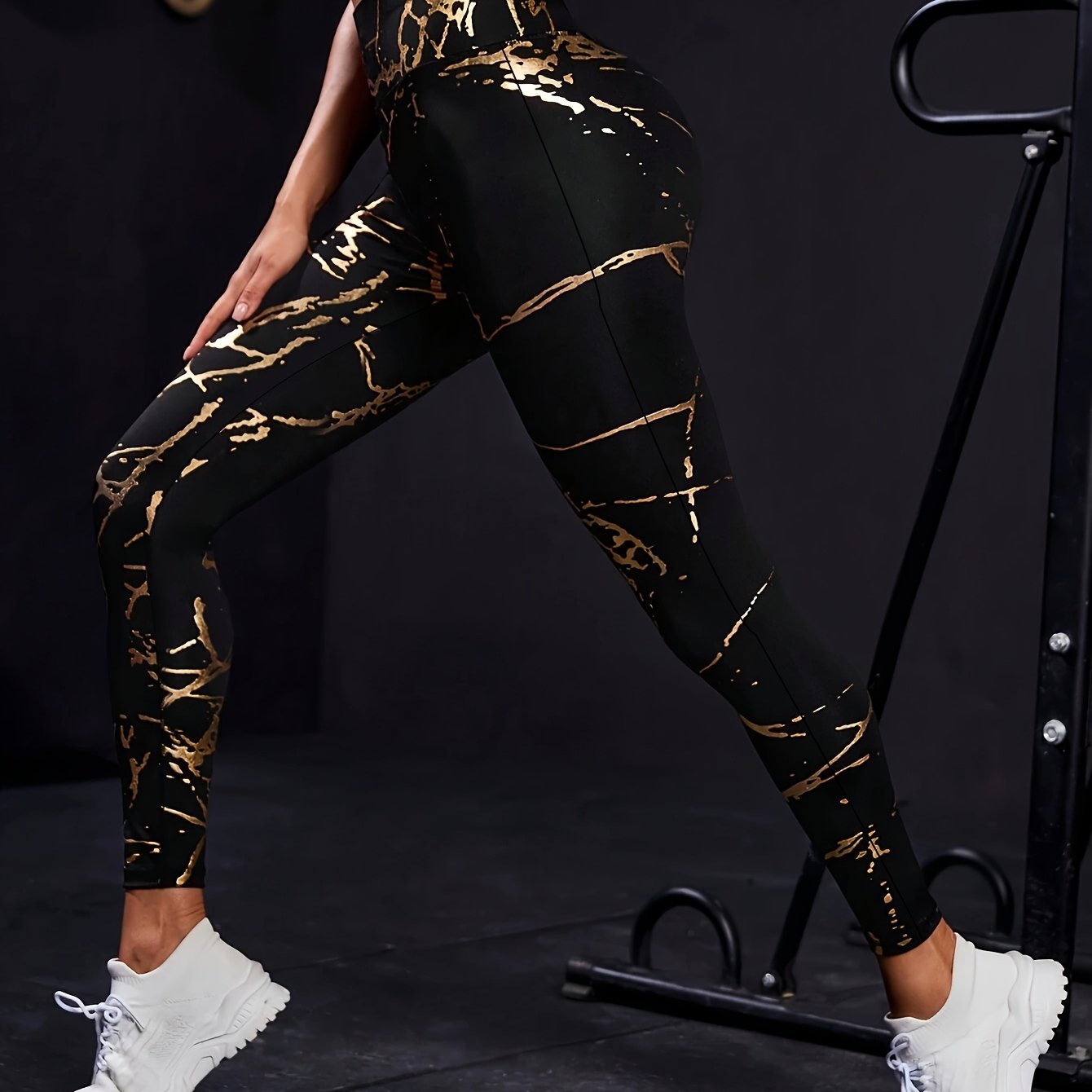 E-shop High-Waisted Damenhosen & Leggings - Durchsichtige Slim-Fit-Hosen mit goldenem Blumenmuster, Ganzjahres-Leggings für Frauen - Maschinenwaschbare