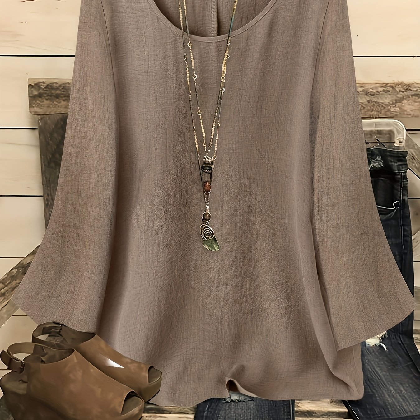 Plus Size - Plus Size - Plus Size Women's Casual Vacation Solid Round Neck Long Sleeve Shirt (additions Not Included)