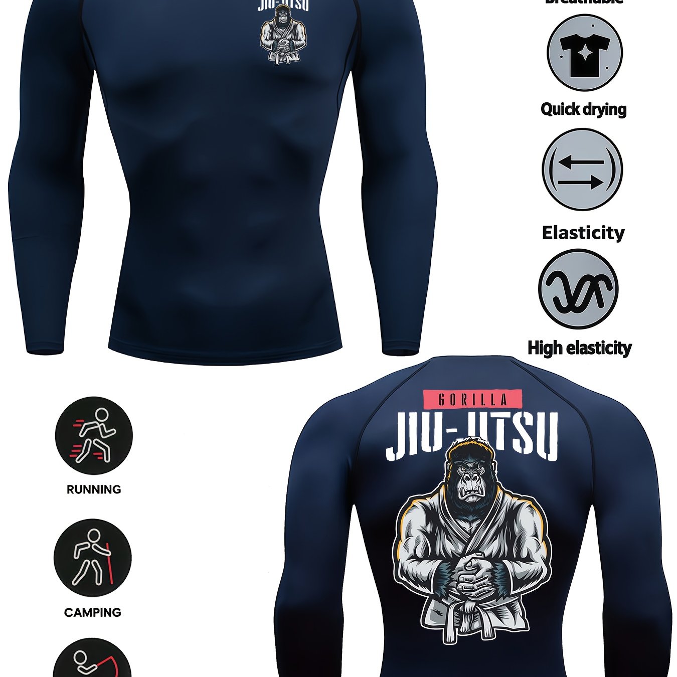 TEMU 's Long-sleeve Sports Compression Top, Featuring A Round Neck And Double-sided Print T-shirt, Made Of Stretchy And Fitted Knitted Fabric, Ideal
