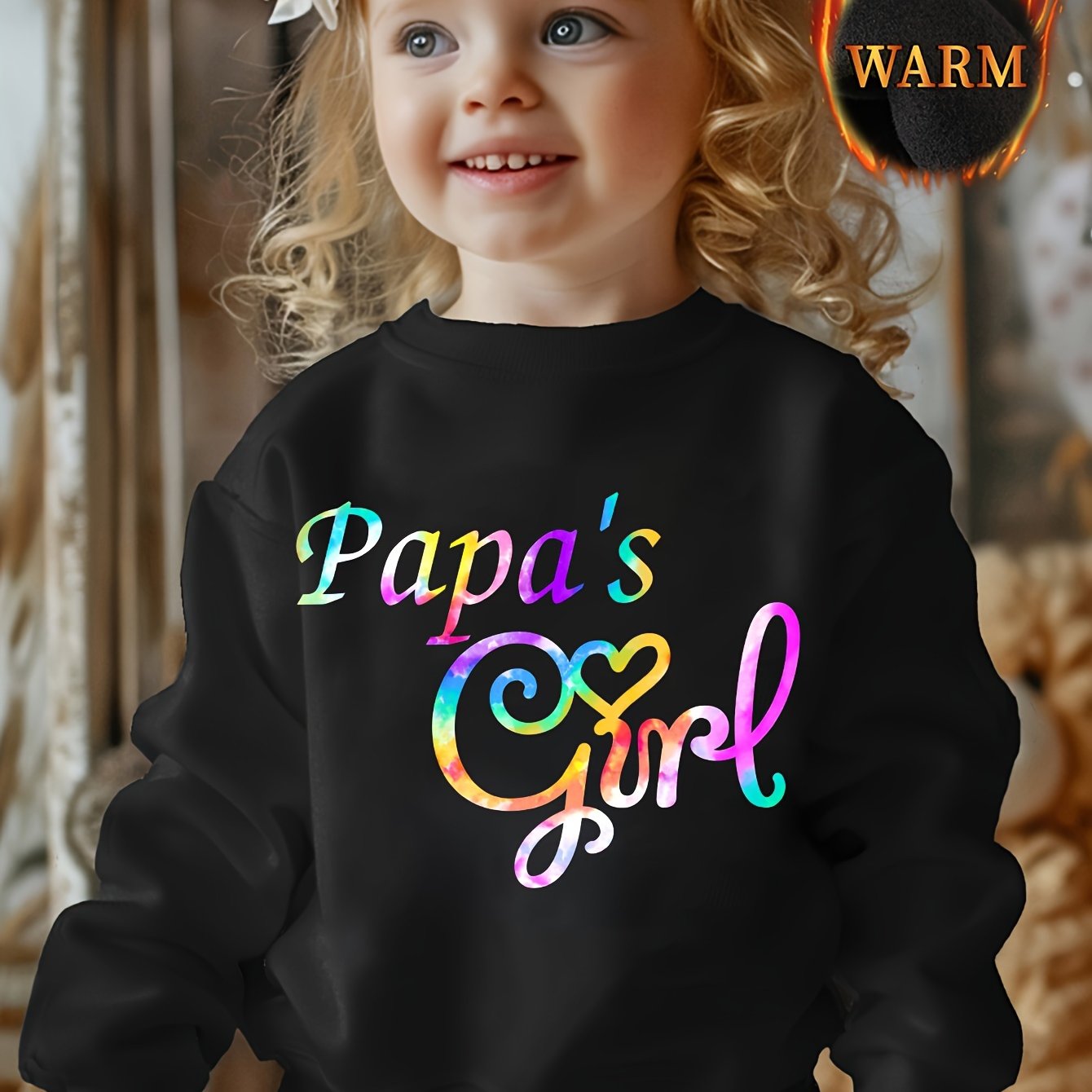 Image of Cozy Fleece-lined 'papa's Girl' Letter Print Sweatshirt For Girls - Casual Long Sleeve Pullover, Perfect For Fall/winter