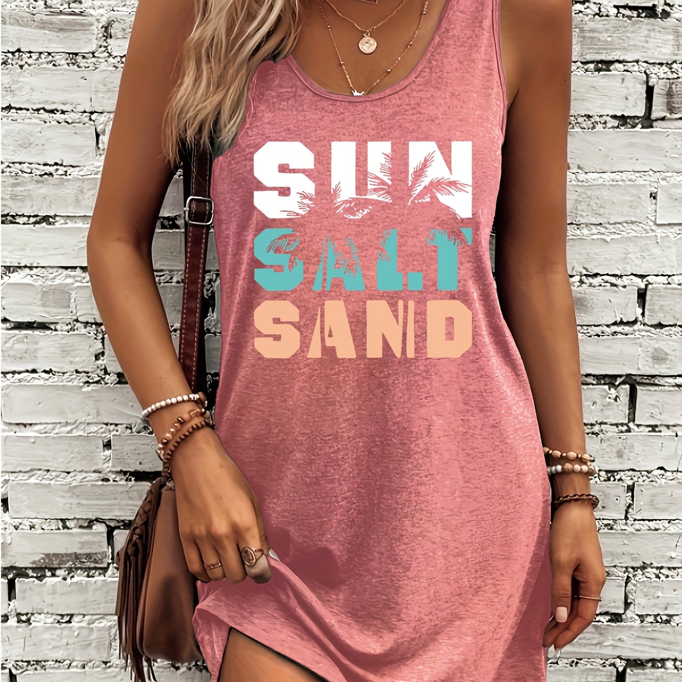 E-shop Damens Grafikdruck Ärmelloses Tankkleid - Tropisches Palmen- & Wellenmuster, Lässiges Strandkleid mit Rundhalsausschnitt, Mitteldehnbarer