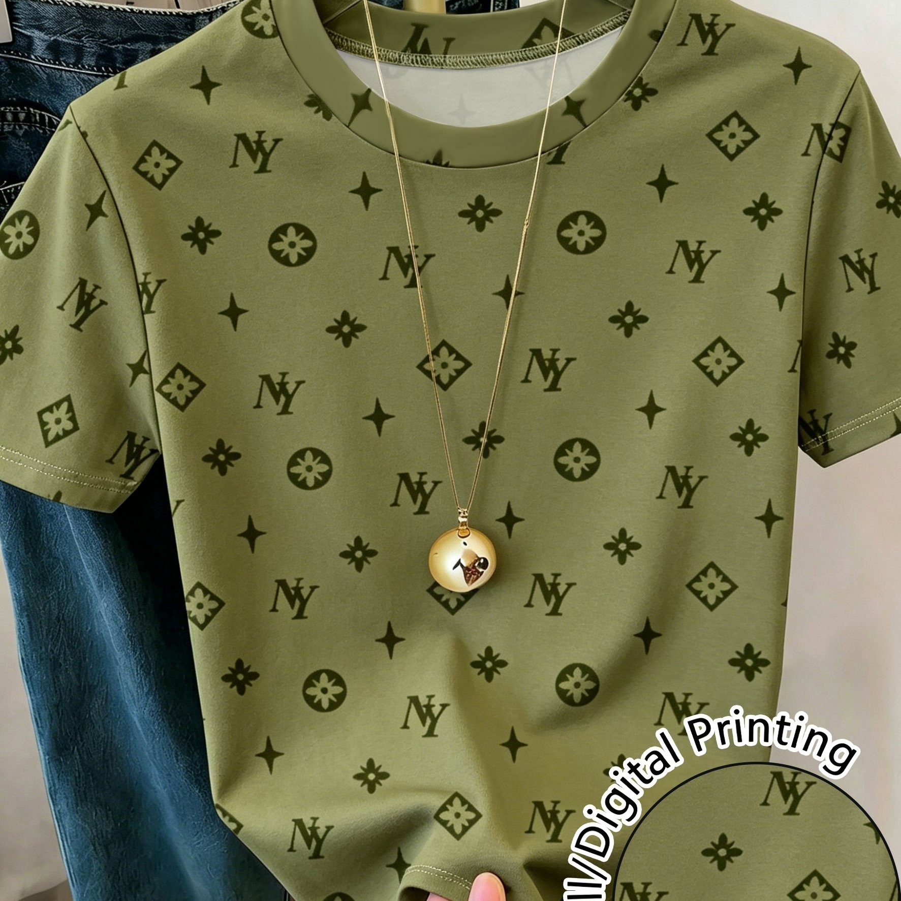 TEMU Olive Green Crew Neck Monogram Short Sleeve T-shirt Luxury Retro Slim Loose Casual Daily Basic Top