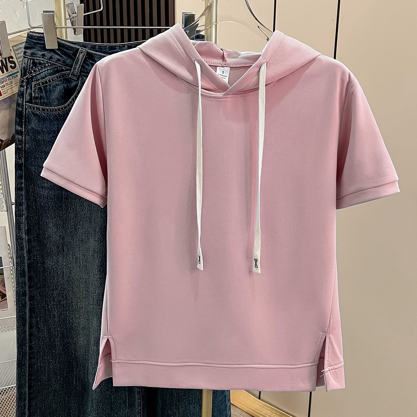 A High-quality Hooded Short-sleeved Hem Stitching Split Top T-shirt For Women