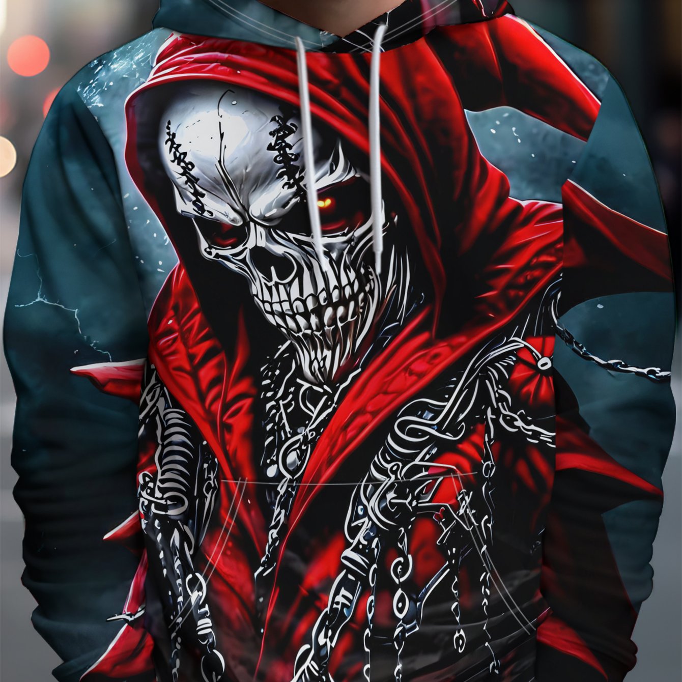 TEMU Men's Individual Style Hoodie Red Robe Skull Eyes With Chain Background Lightning - Full Of Street Trendy Style, Rich And Artistic Pattern
