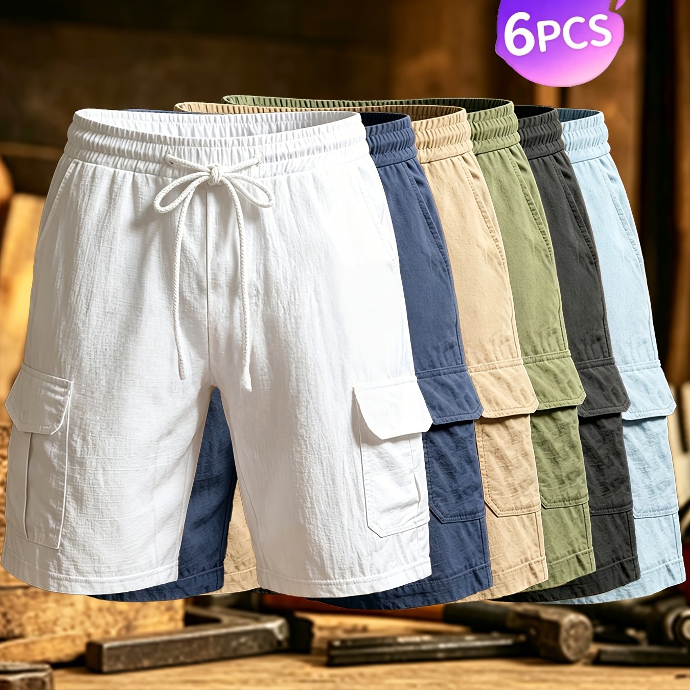 TEMU 6pcs Men's Cargo Work Shorts, Elastic Drawstring Loose Fit Multi-pocket Casual Shorts For Summer Daily Wear
