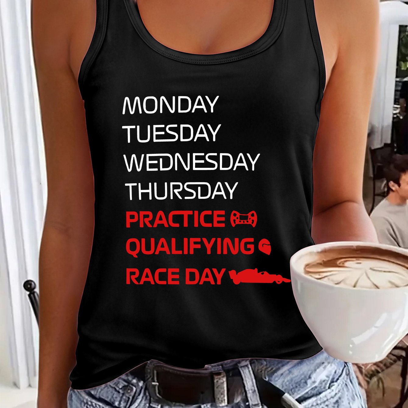 TEMU Women's "monday Race Day" Letter Print Top - Sleeveless, Casual & Comfy With Graphic Design, , Casual Wear| Print Top|glossy