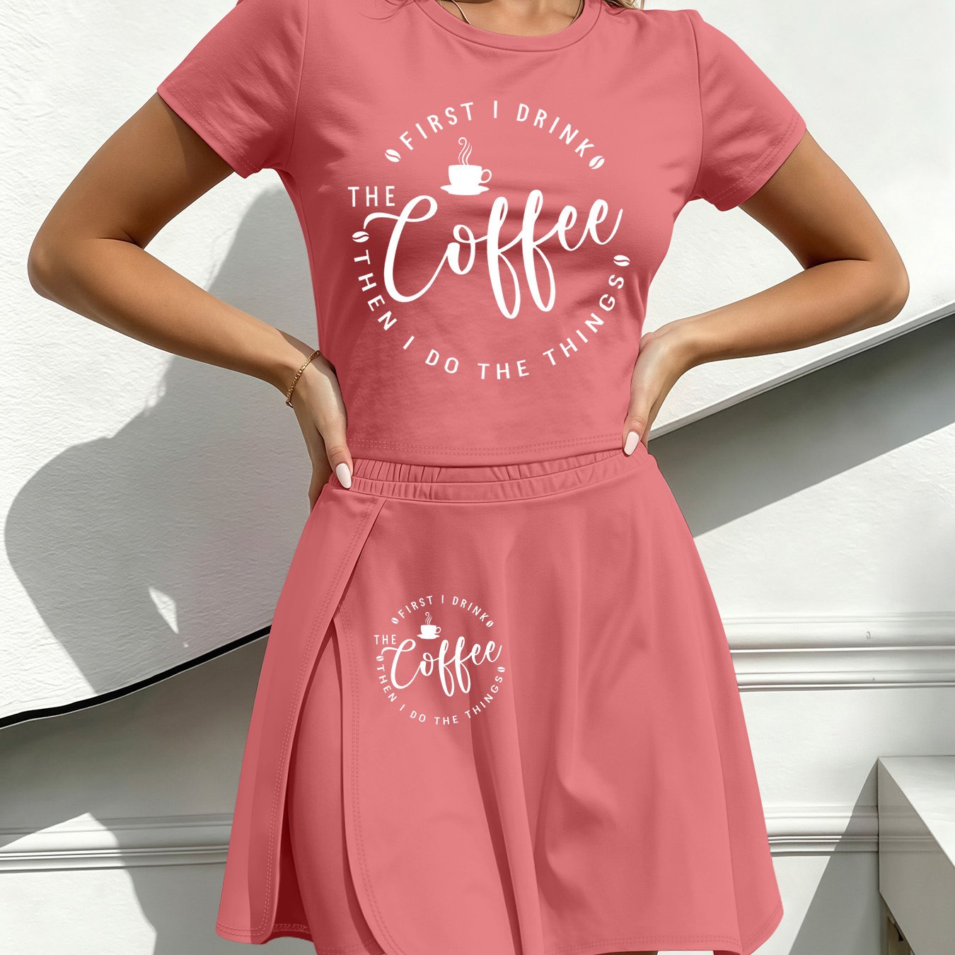 TEMU 2026 Summer Coffee Letter Print Pattern Casual Versatile Tight Short Sleeve T-shirt And Skirt 2pcs Set