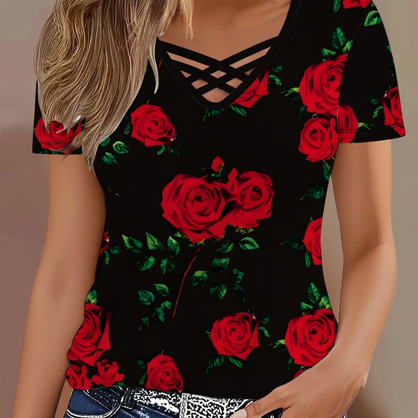 TEMU [targeted] [elegant Cross Design T-shirt] Summer New Cross V-neck Short-sleeved Women's T-shirt Slim-fit Slim And Sexy Hollow Out Bottoming Top