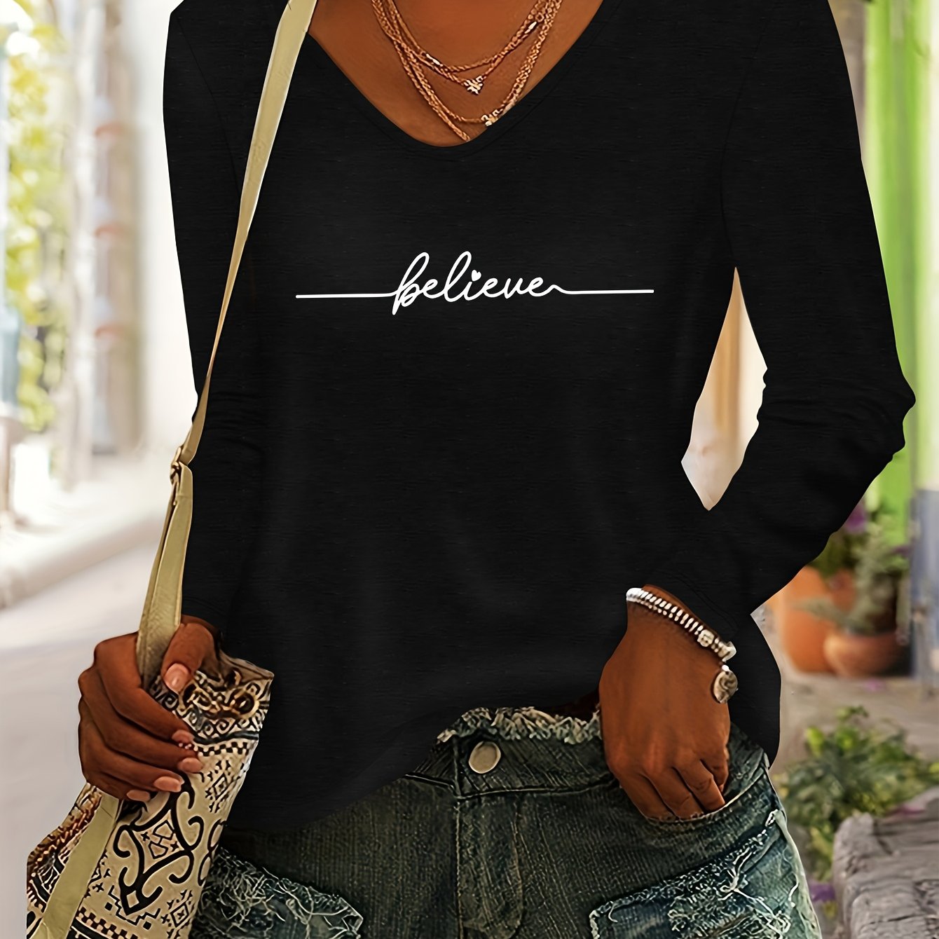 TEMU Women's Autumn And Winter Top With 'believe' Letter Print, Versatile And Comfortable Casual Fashion, Colorful V-neck Long Sleeve T-shirt