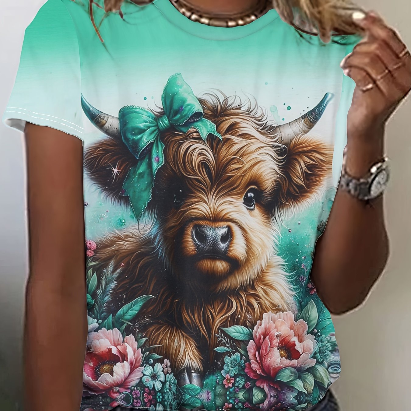 Women's Digital Printing Short Sleeve T-shirt | And Print, Crew Neck, Slight Stretch Fabric, Sport Athleisure Style