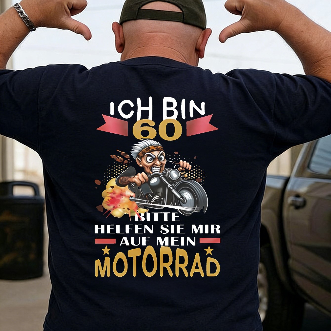 Men's T-shirt Black 60th Birthday Motorcycle Graphic With German Text For Birthday Celebration, Plus Size